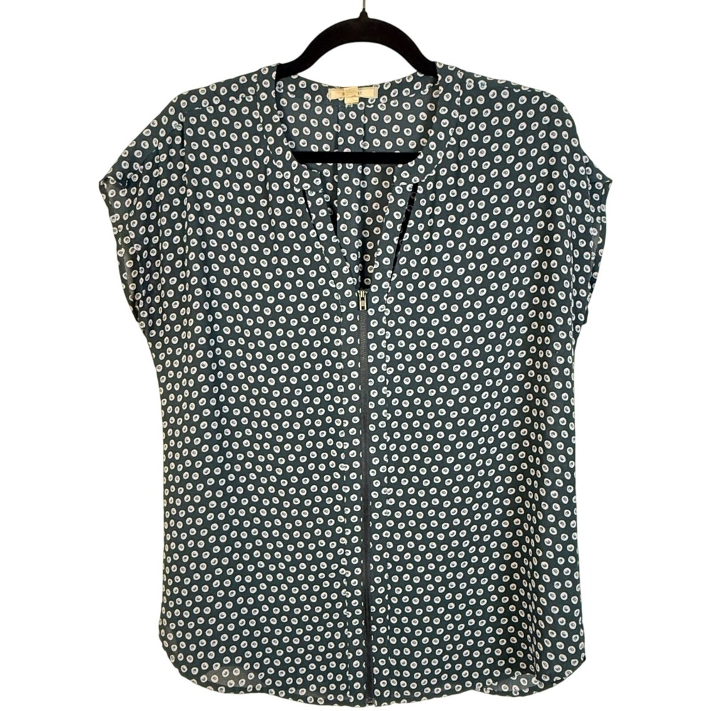 Pleione Women's Medium Cap Sleeve Blouse Top Green Circle Print Zip